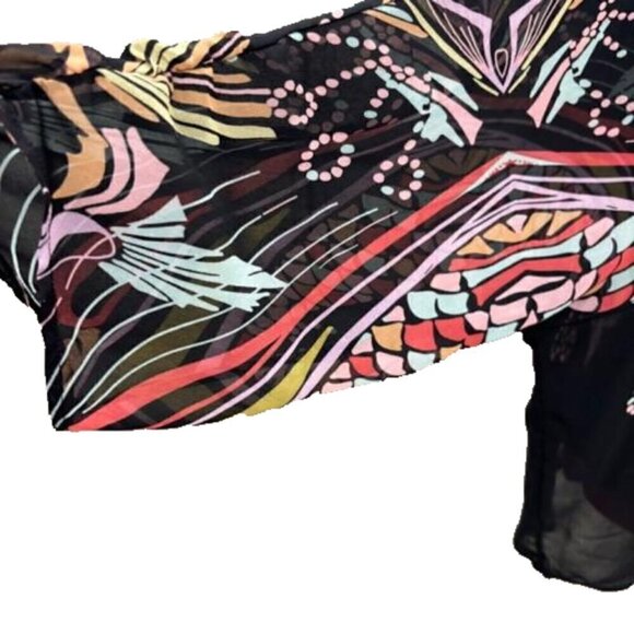 Tribal Blouse Ruched Sleeves Multi-Color Allover Design - Picture 2 of 6